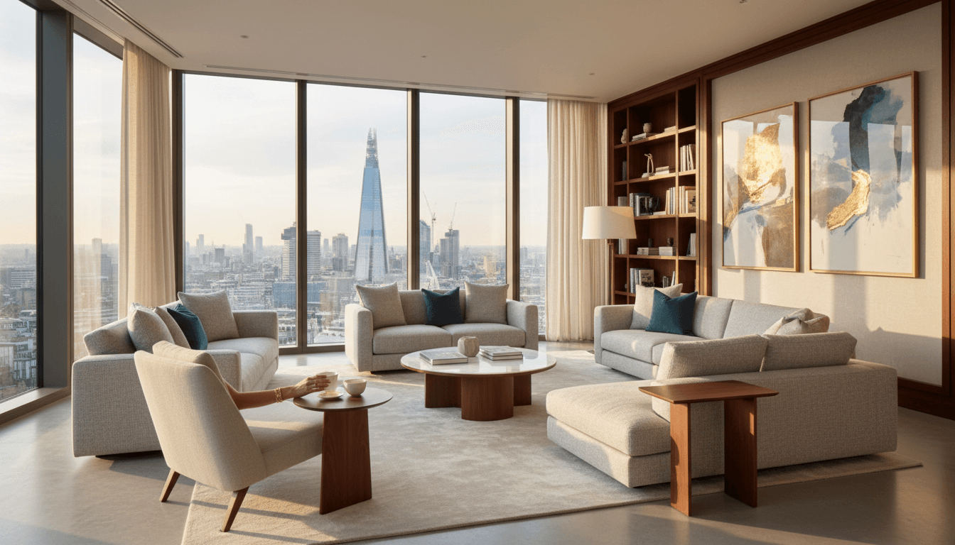 Luxury apartment living room with city view and natural light
