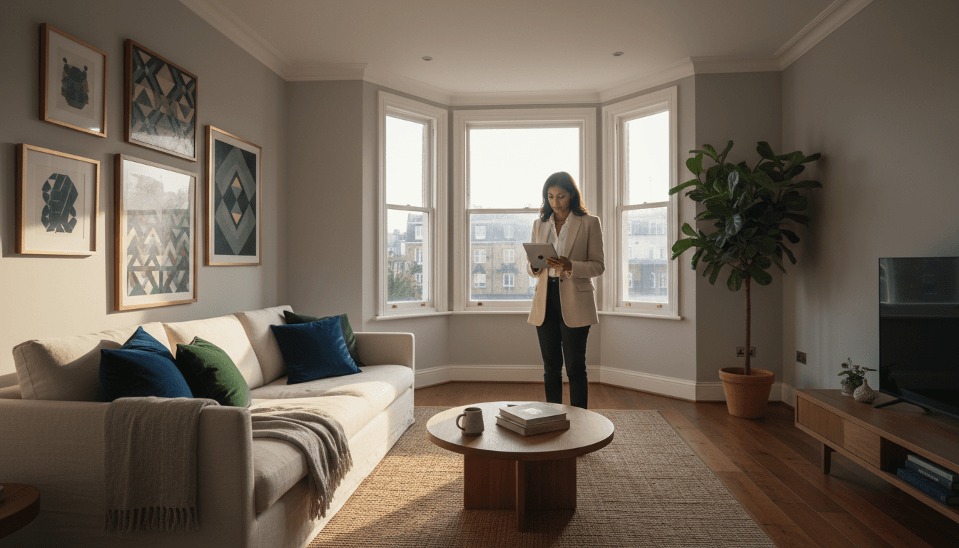 Professional property manager reviewing apartment details in a luxury London serviced apartment