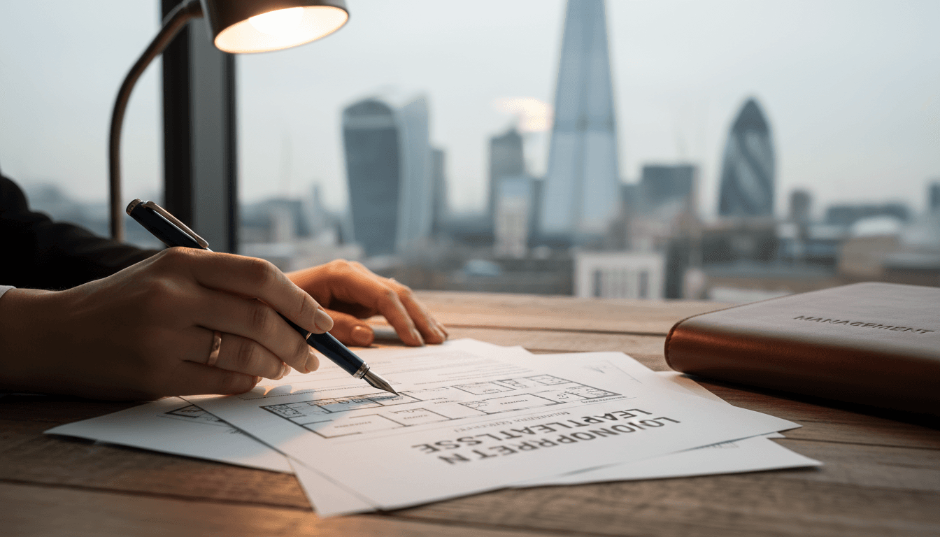 Property management professional reviewing serviced accommodation documents